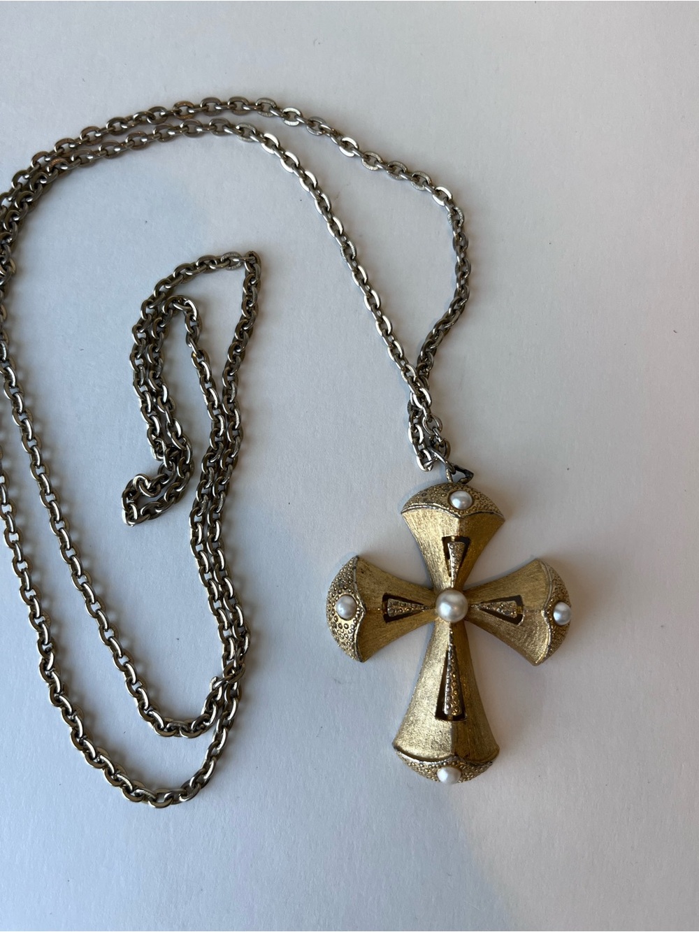 Vintage Gold Tone Faux Pearl Chunky Cross Statement Necklace